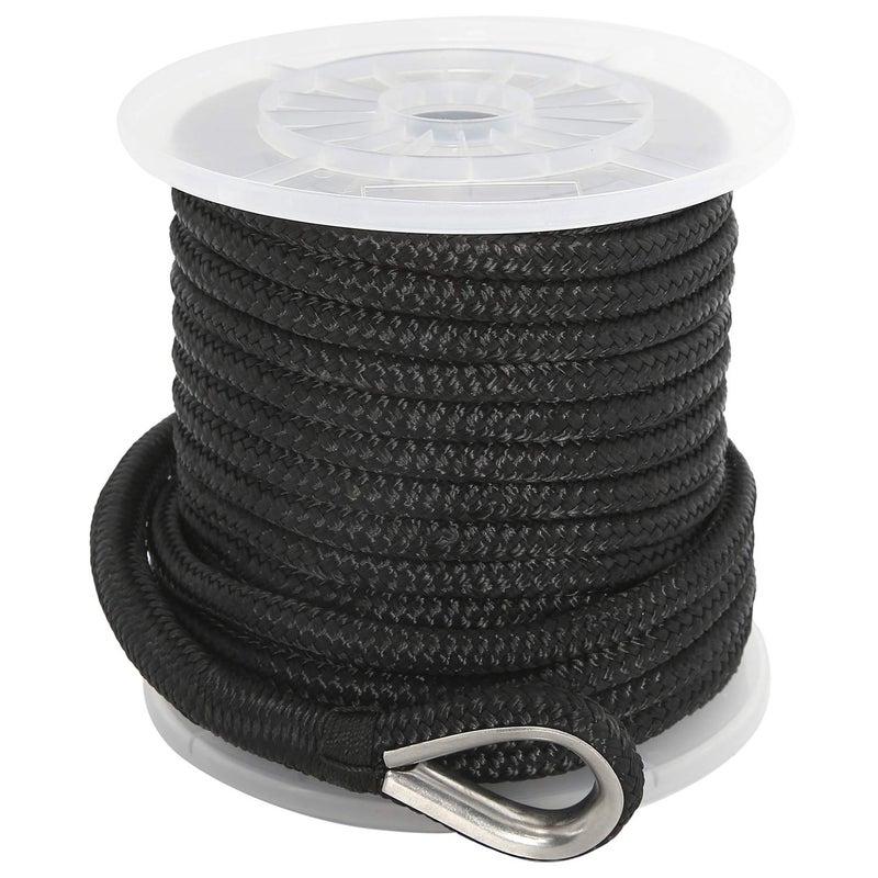 NovelBee 3/8 Inch X 50 Feet Double Braid Nylon Anchor Line with Stainless Steel Thimble and Plastic Chuck (Black) - Image 1